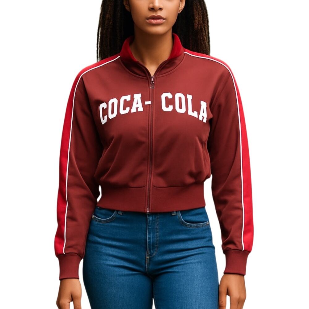 Womens Red Coca Cola Long Sleeve Striped Colorblock Zip Up Track Bomber Jacket M